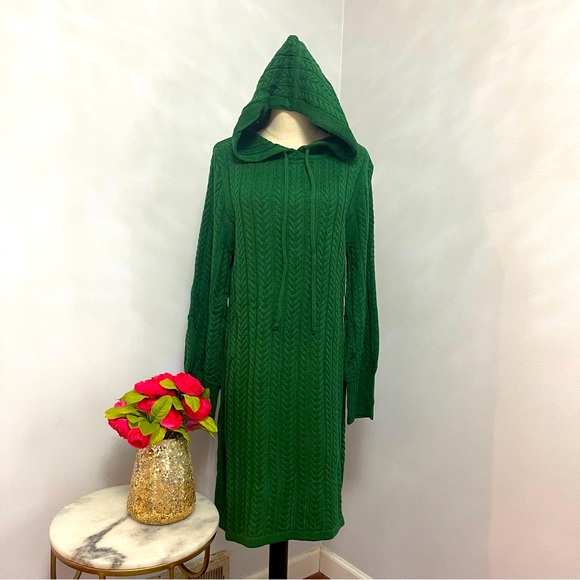 Eliza J Hunter Green Cable Knit Drawstring Hood Sweater Dress- New - Reemoly - Picture 2 of 15
